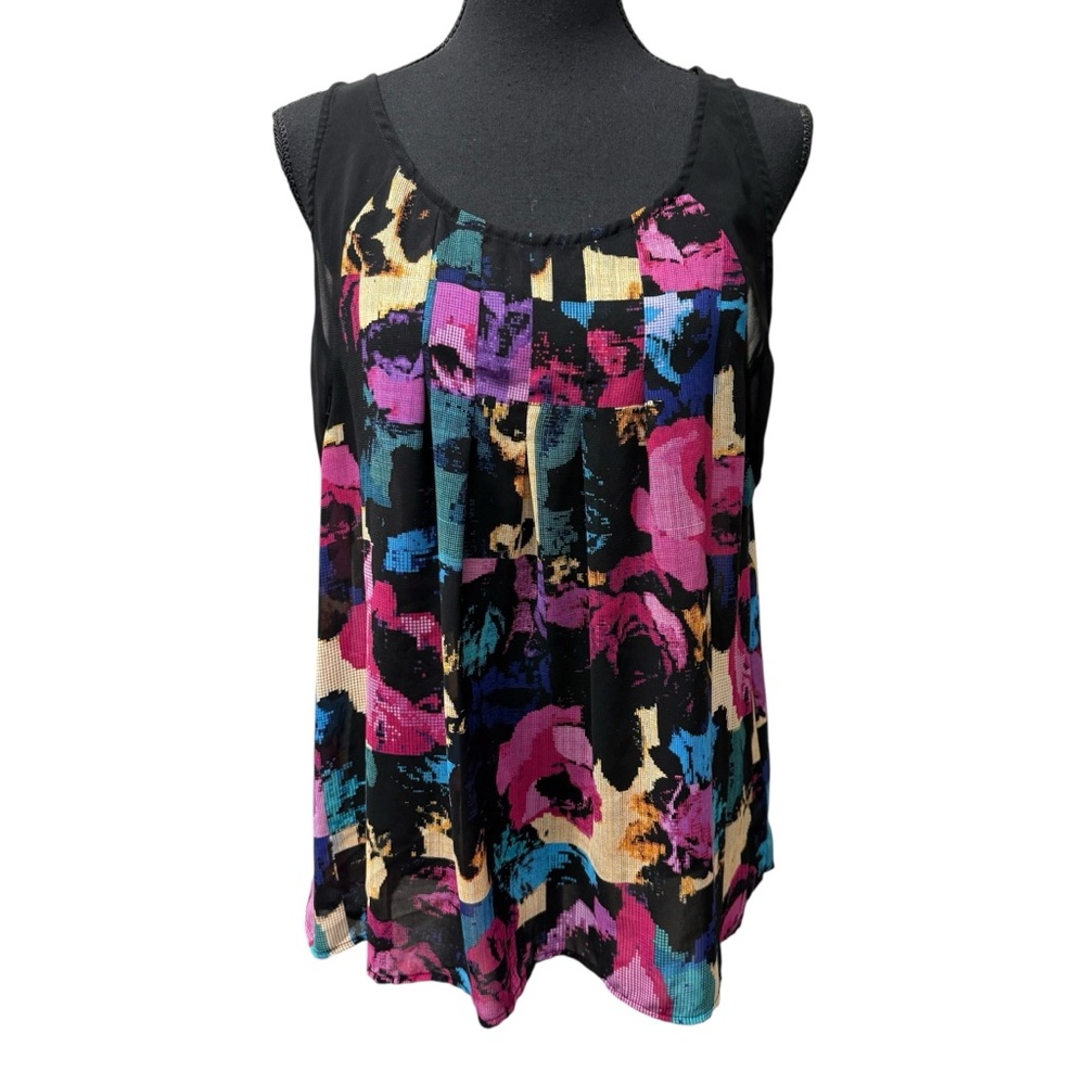 Nicole by Nicole Miller Black Purple Abstract Sleeveless Blouse L - Picture 1 of 9